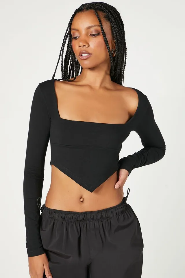Forever 21 Women's Cropped V-Hem Top in Black Large | MainPlace Mall