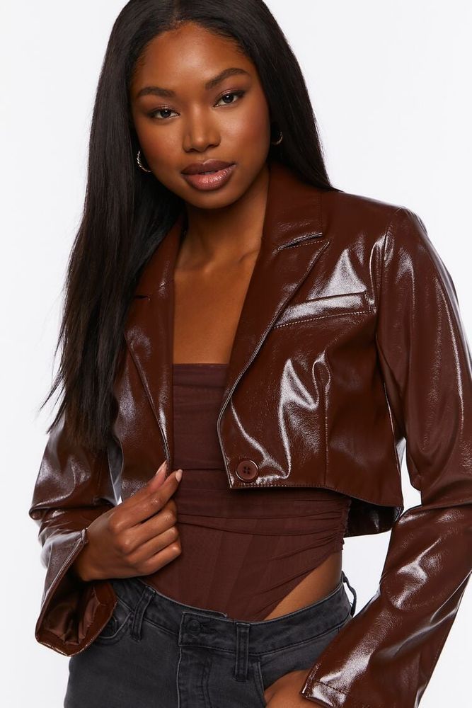 Forever 21 Women s Faux Patent Leather Cropped Blazer in Brown