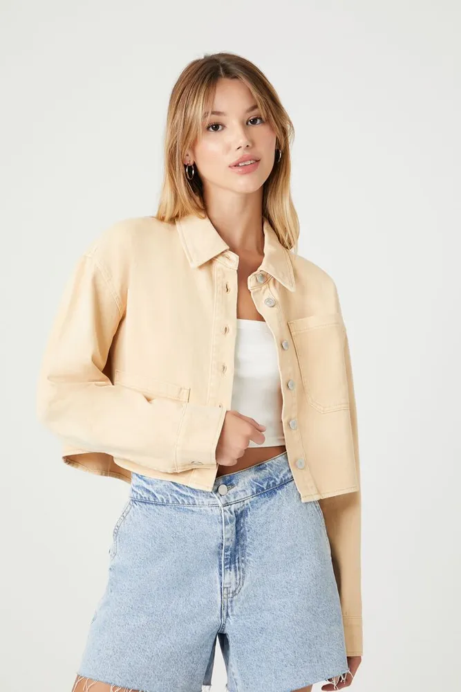 Forever 21 Women s Cropped Denim Trucker Jacket in Warm Sand