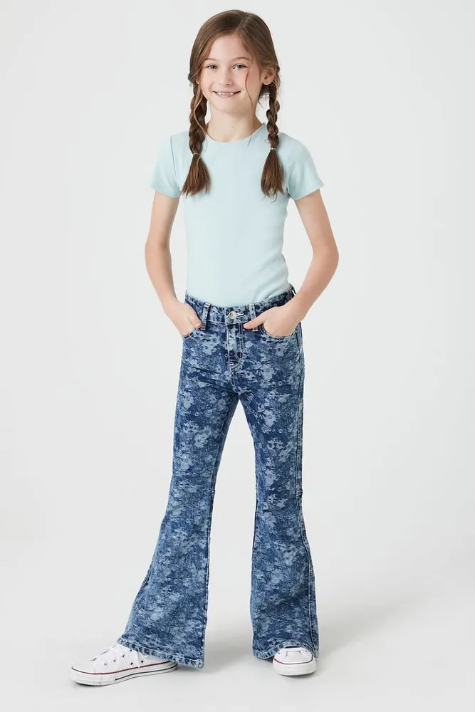 Forever 21 Girls Floral Flare Jeans (Kids) Medium Denim