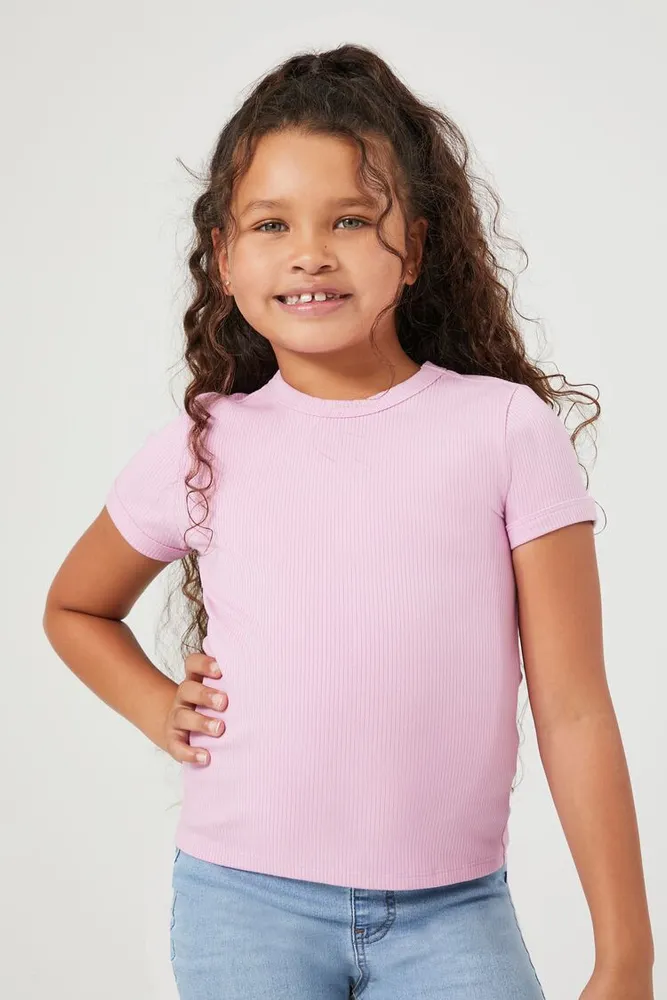 Forever 21 Girls Ribbed Knit Crew T Shirt Kids in Pink 13 14