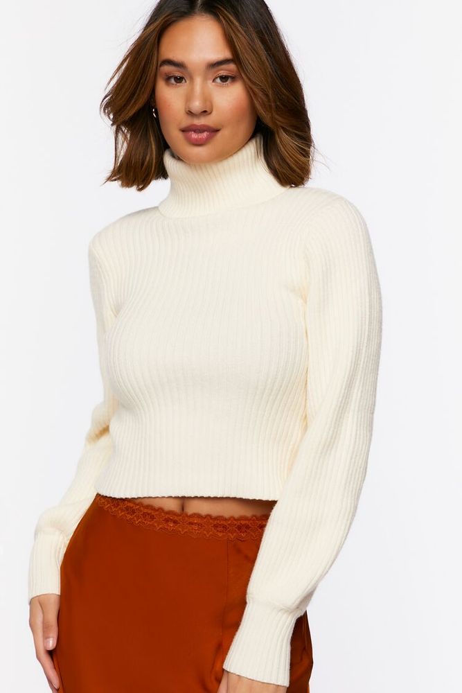Forever 21 Women s Ribbed Turtleneck Cutout Sweater in Vanilla XL