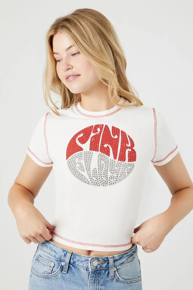 Forever 21 Women s Pink Floyd Rhinestone T Shirt in Cream Medium