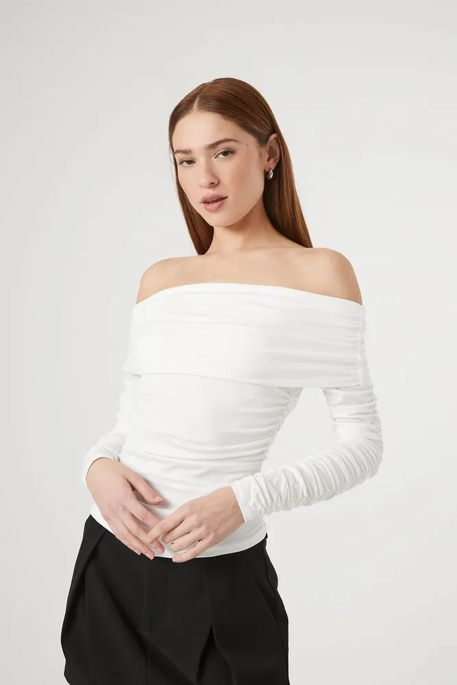 Forever 21 Women s Ruched Off the Shoulder Top White MainPlace Mall