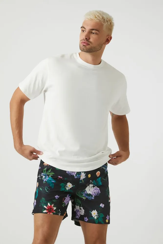 Forever 21 Men Floral Print Swim Trunks in Black Medium