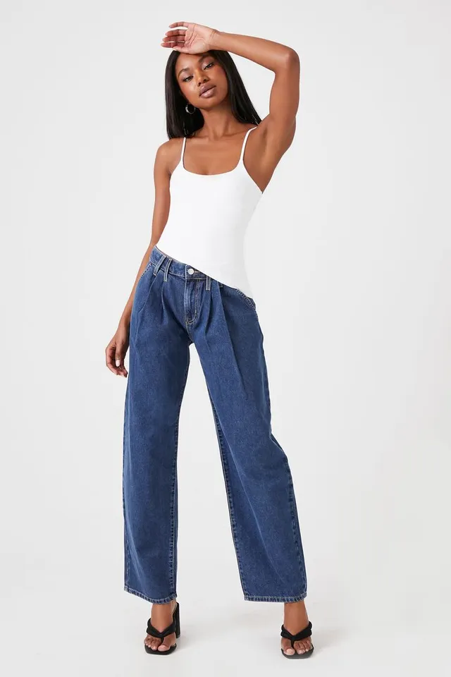 Forever 21 Women s Recycled Cotton Pleated Wide Leg Jeans in Dark