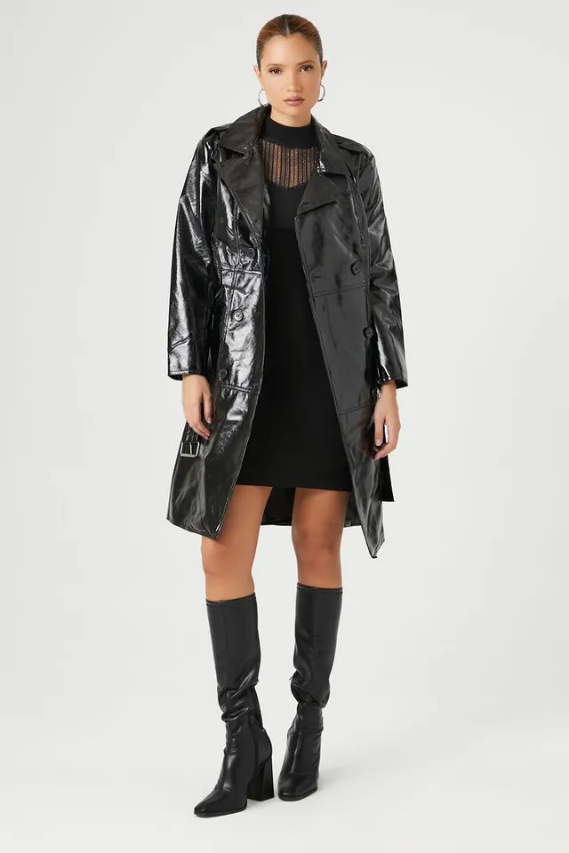 Forever 21 Women's Faux Patent Leather Trench Coat Black