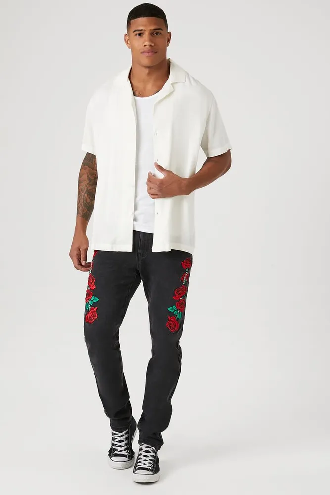 Forever 21 Men Embroidered Rose Skinny Jeans in Black 33 Plaza