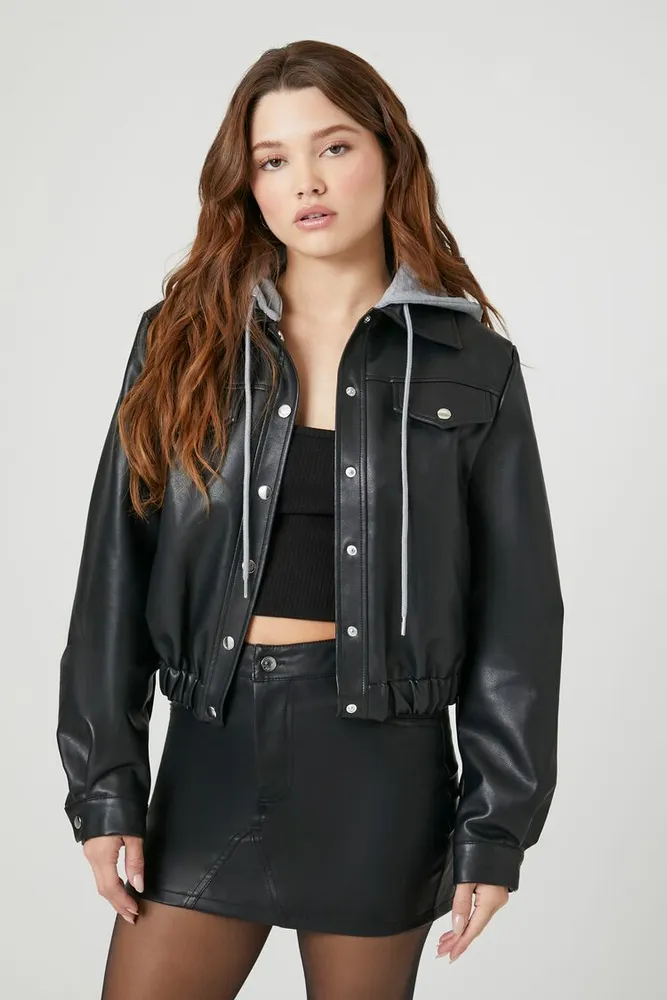 Faux leather hooded jacket women's store