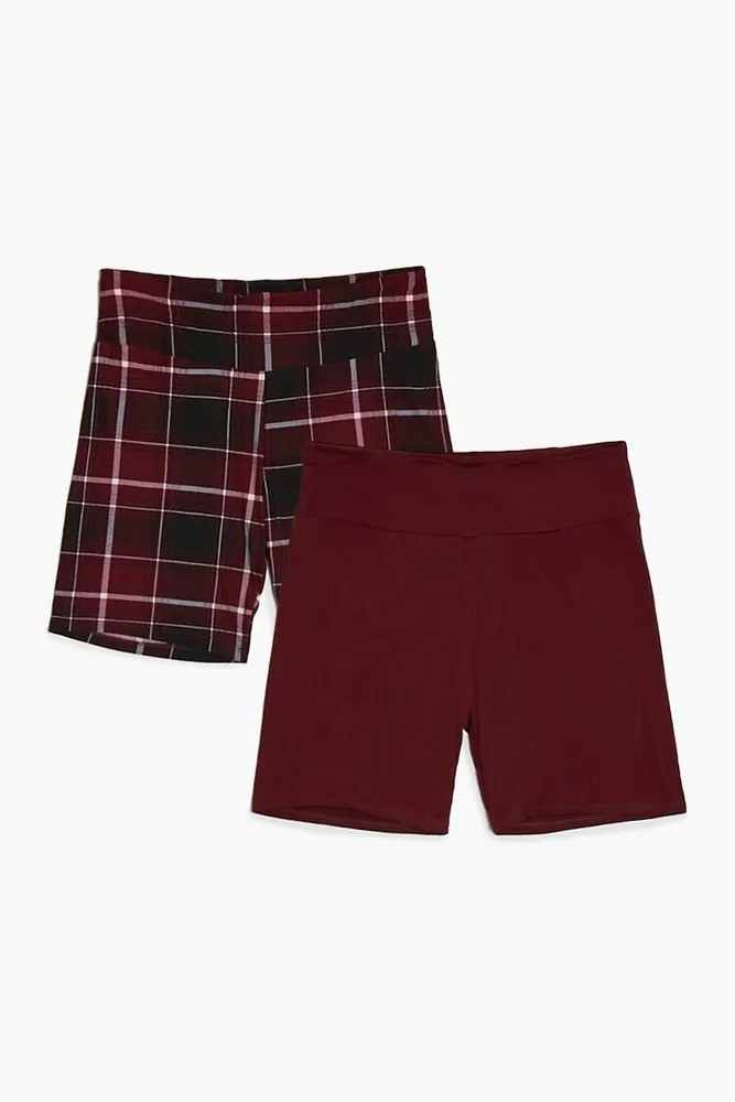 Forever 21 Women s Plaid Biker Shorts in Burgundy Black 3X