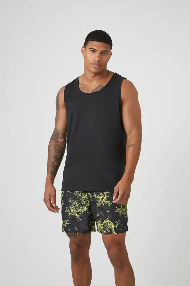 Forever 21 Men Dragon Print Swim Trunks in Black Yellow Large