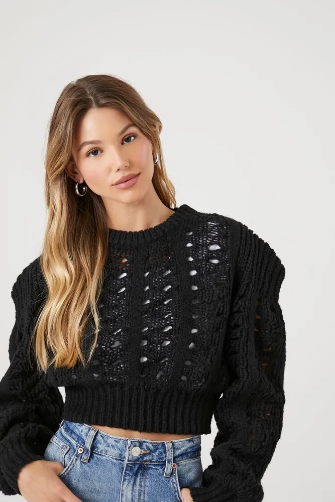 Forever 21 Women s Open Knit Cropped Sweater in Black Small