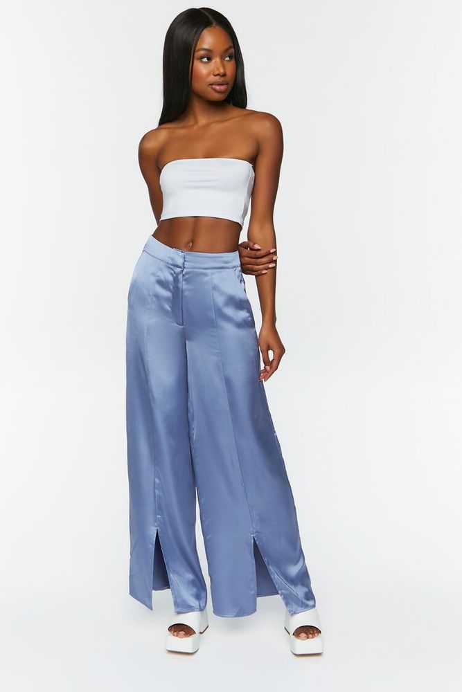 Forever 21 Women s Satin Wide Leg Split Hem Pants Blue