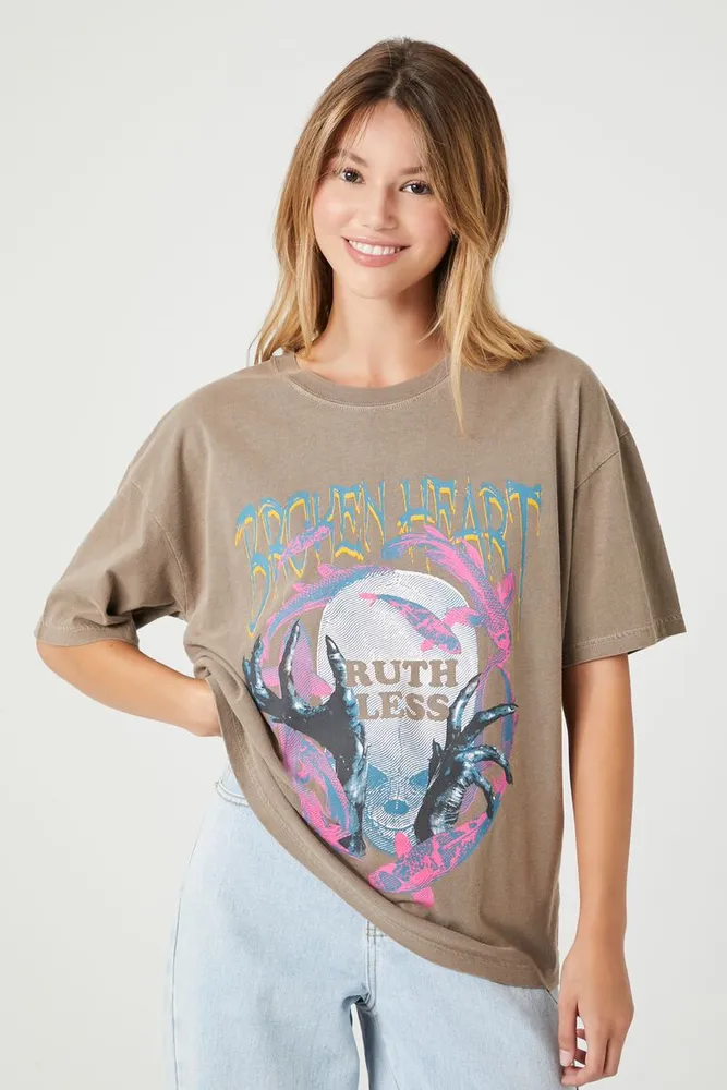 Forever 21 Women s Broken Heart Oversized Graphic T Shirt in Brown