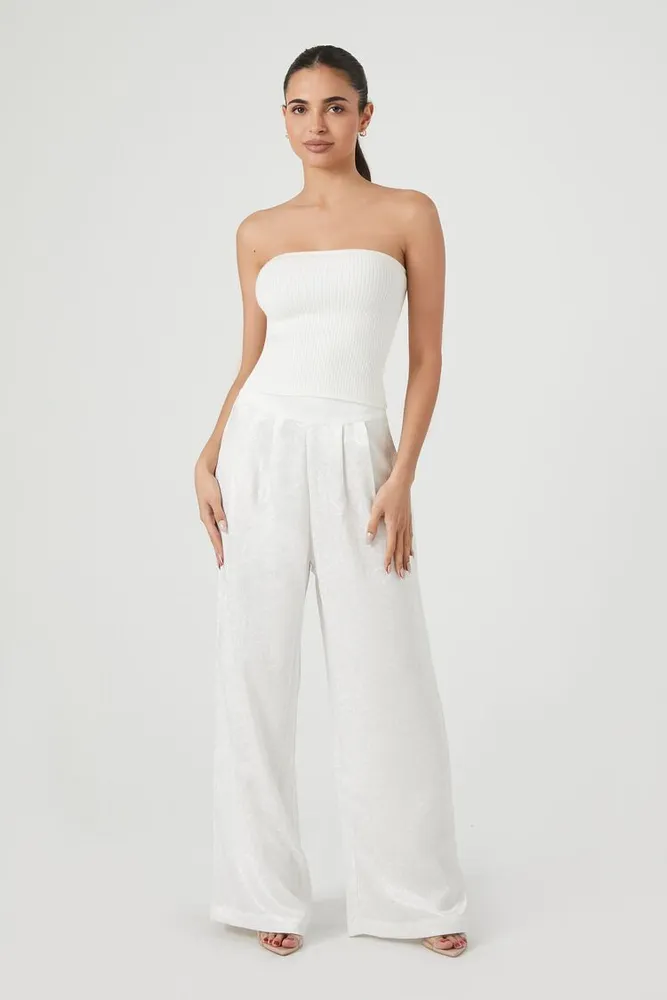 Forever 21 Women s Jacquard Satin Wide Leg Pants in White Small