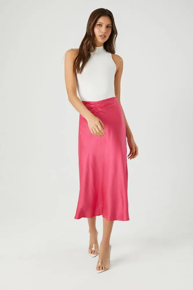 Forever 21 Women s Picot Trim Satin Midi Skirt in Hot Pink Large