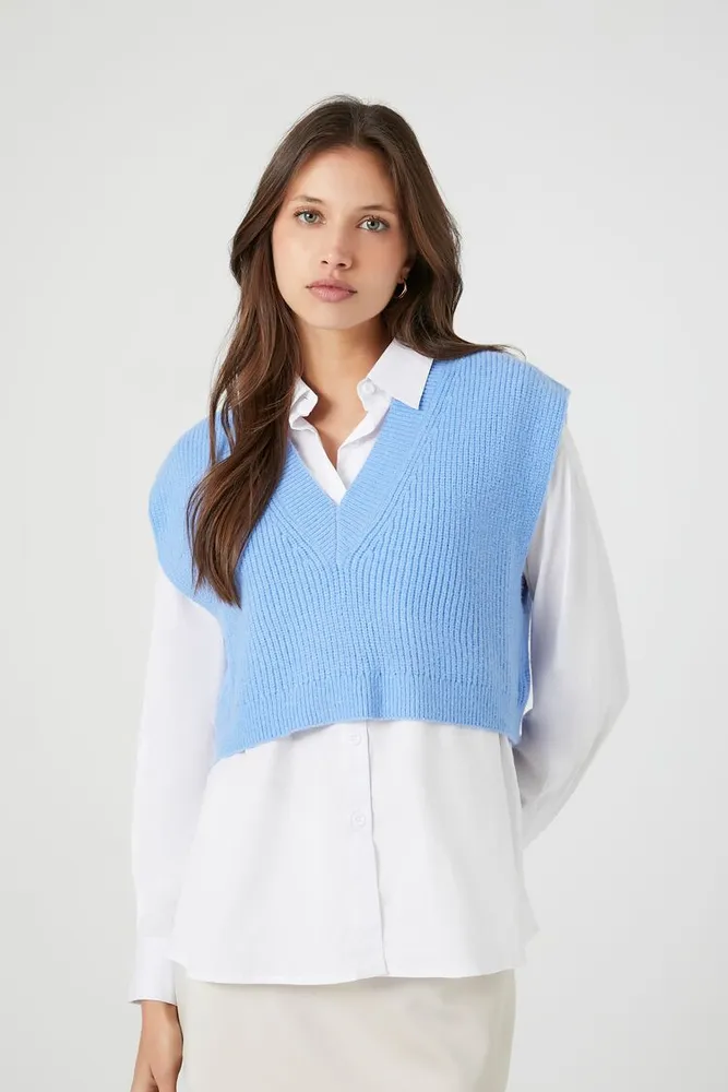 Forever 21 Women s Sweater Vest Combo Shirt in Blue White XL