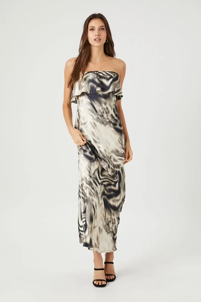 Forever 21 Women s Satin Abstract Strapless Maxi Dress in Tan