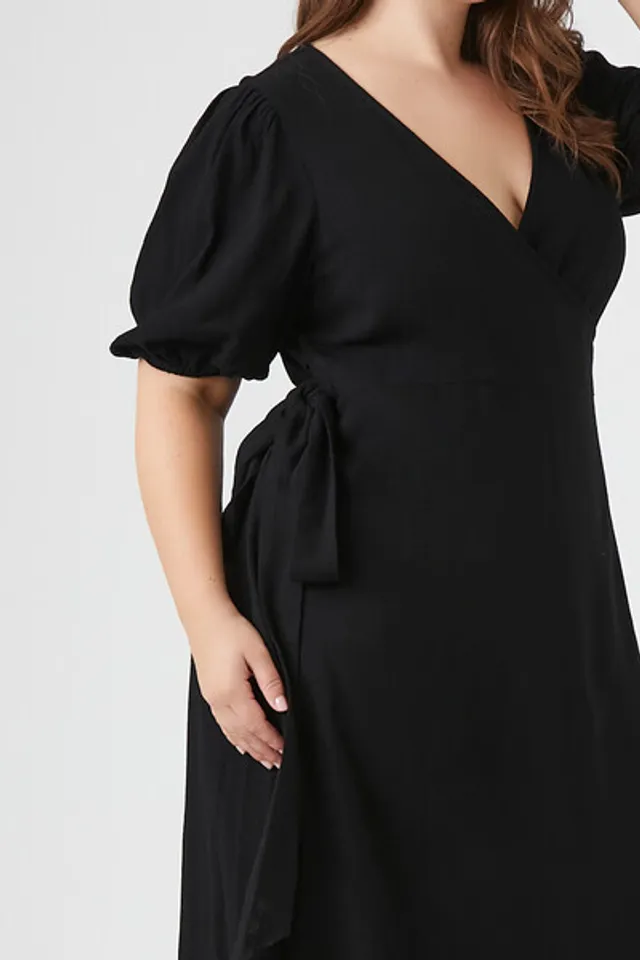 Forever 21 Women s Puff Sleeve Midi Wrap Dress in Black 3X