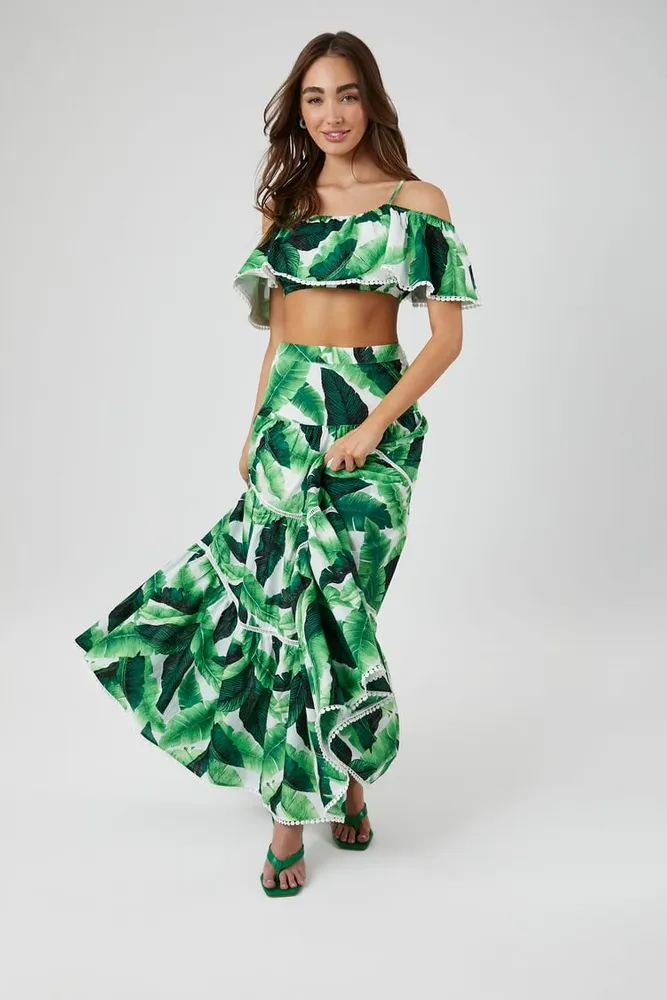 Forever 21 Women s Tiered Tropical Leaf Maxi Skirt in Ivory Green