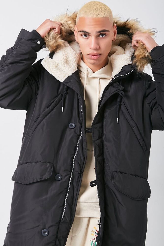 Forever 21 Men Faux Fur-Hood Utility Jacket in Black Medium 