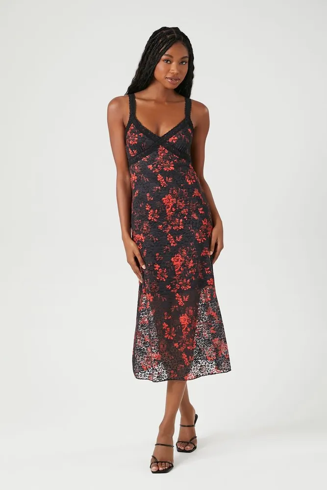 Forever 21 Women's Floral Lace-Trim Midi Dress in Black/Red Large 