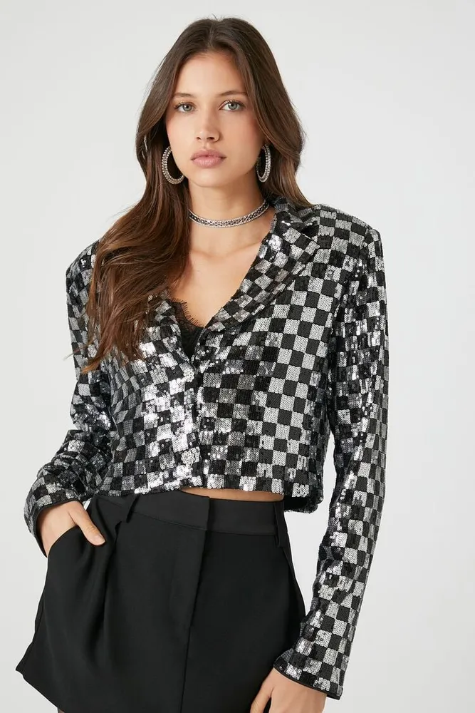 Forever 21 Women s Sequin Checkered Cropped Blazer in Black Silver