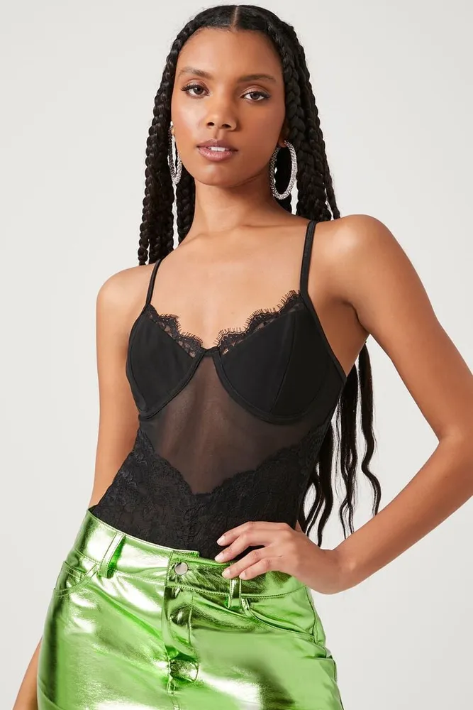 Forever 21 Women s Eyelash Lace Bustier Bodysuit in Black Medium