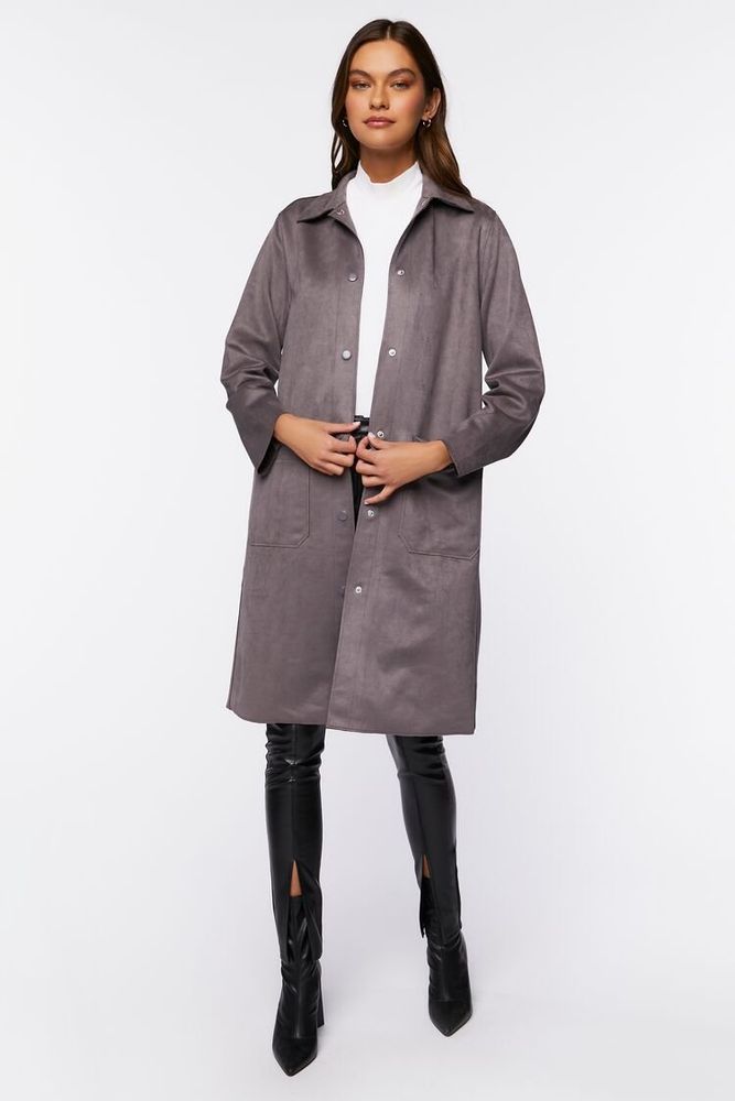 Forever 21 Women s Faux Suede Button Front Duster Coat in Steeple