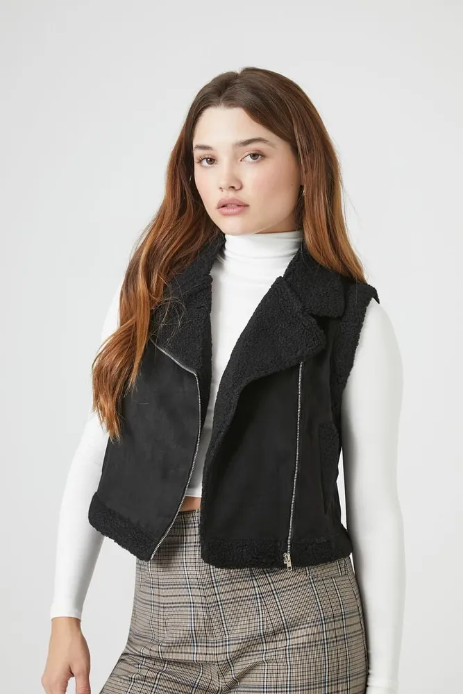 Forever 21 Women s Faux Shearling Suede Vest Black CoolSprings