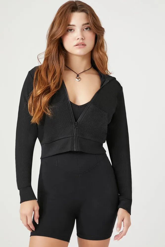 Forever 21 Women s Cropped Zip Up Hoodie in Black Large