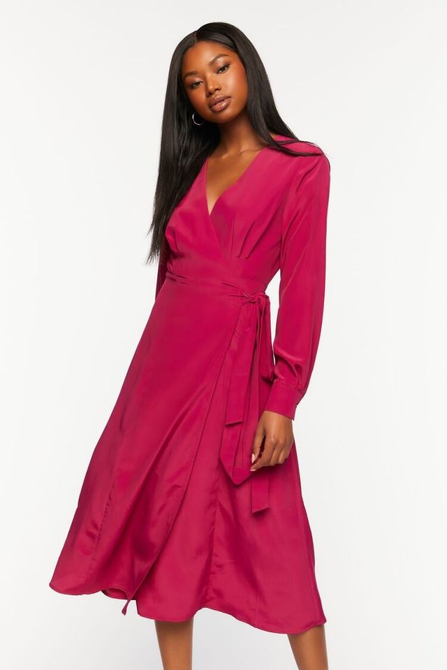 Forever 21 Women s Surplice Long Sleeve Wrap Midi Dress in Magenta