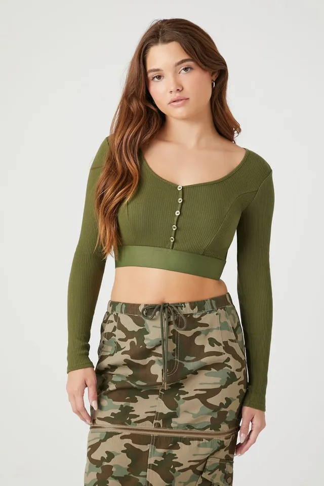 Forever 21 Women s Ribbed Button Front Crop Top in Cypress XL