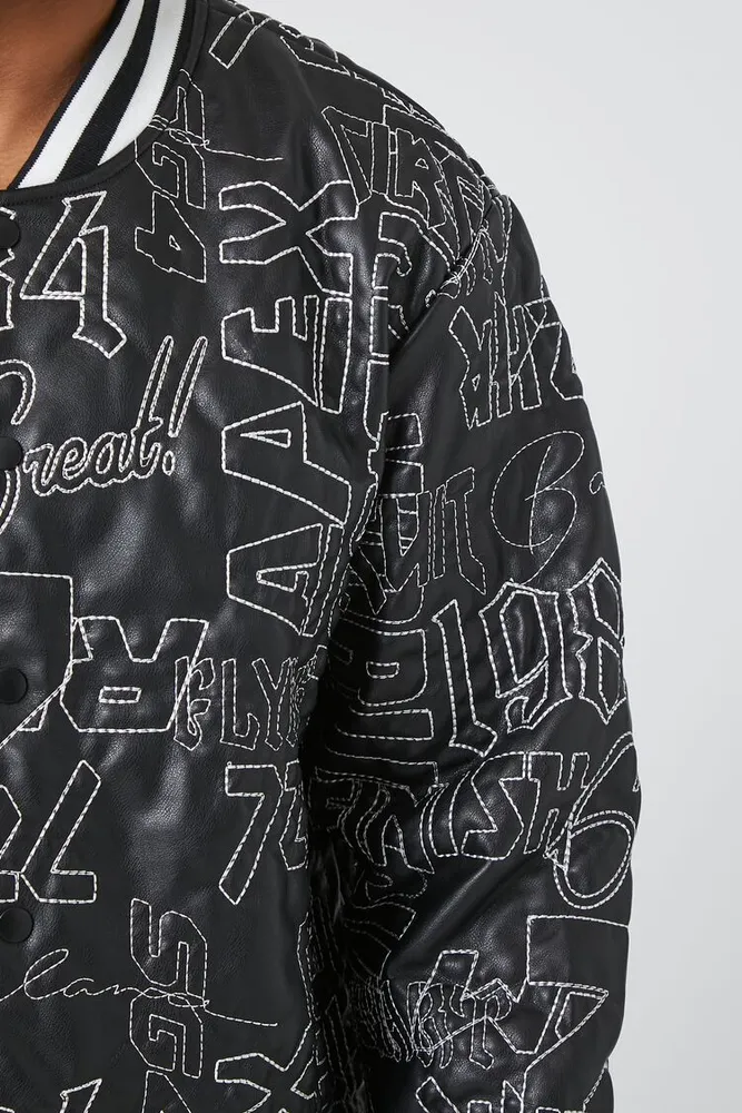 Forever 21 Men Embroidered Varsity Letterman Jacket in Black