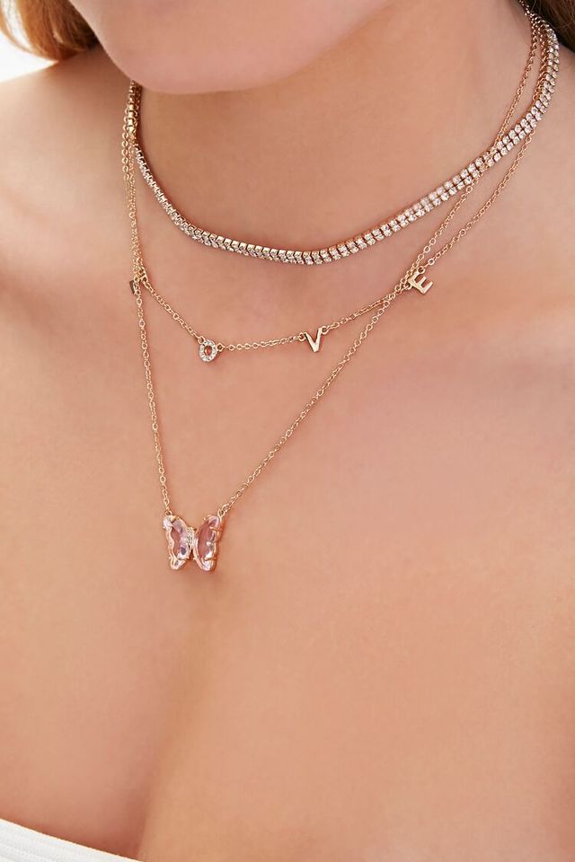 Forever 21 Women s Love Butterfly Pendant Layered Necklace in Gold