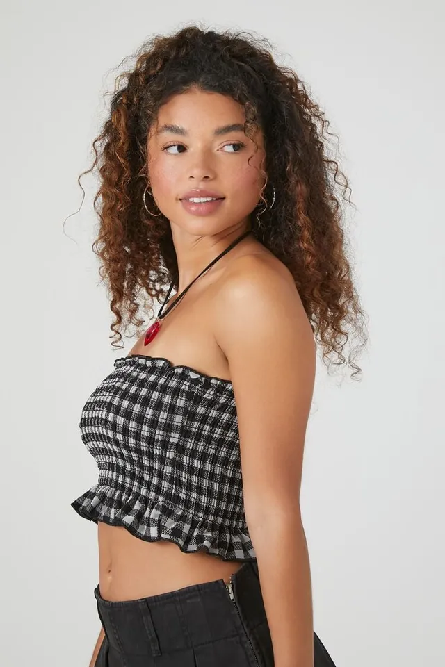 Forever 21 Women s Gingham Plaid Ruffle Cropped Tube Top Black