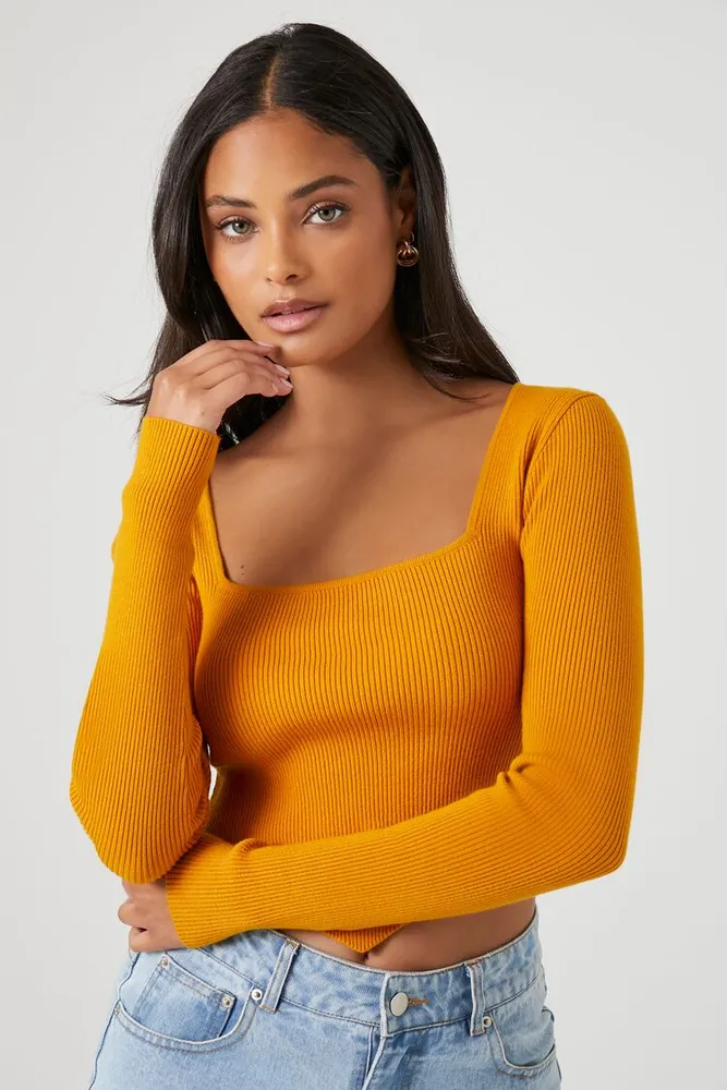 Forever 21 Women's Cropped Rib-Knit Sweater in Mustard Medium