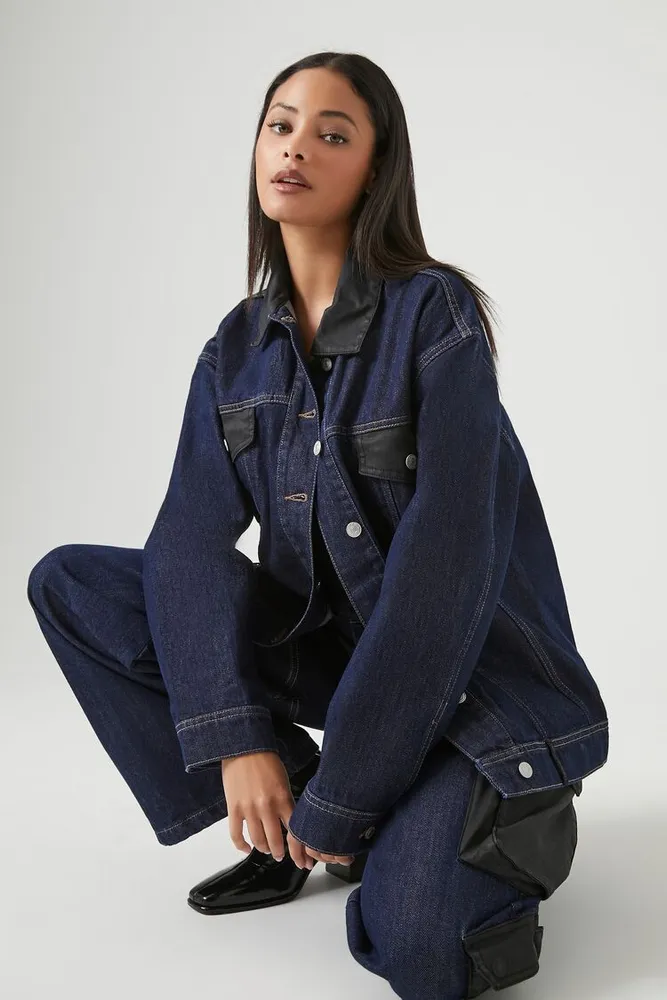 Forever 21 Women s Colorblock Denim Trucker Jacket in Dark Denim