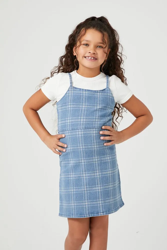 Forever 21 Girls Plaid Denim Dress Kids in Light Denim 5 6