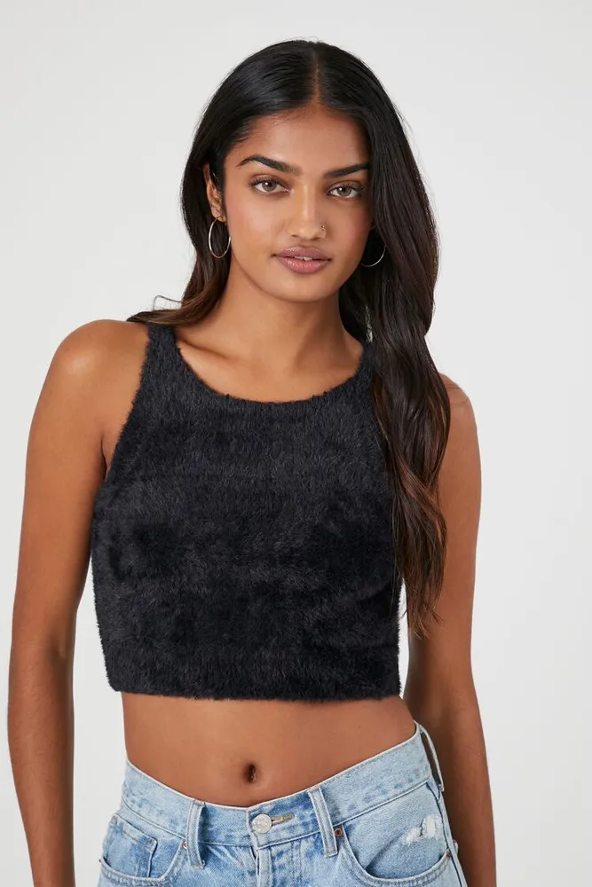 Black fuzzy sweater crop top discount