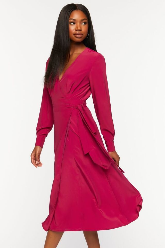 Forever 21 Women s Surplice Long Sleeve Wrap Midi Dress in Magenta