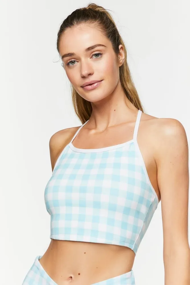Forever 21 Women s Gingham Longline Sports Bra in Powder Blue