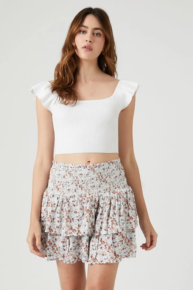 Forever 21 Women s Ditsy Floral Smocked Ruffled Skirt Light Blue