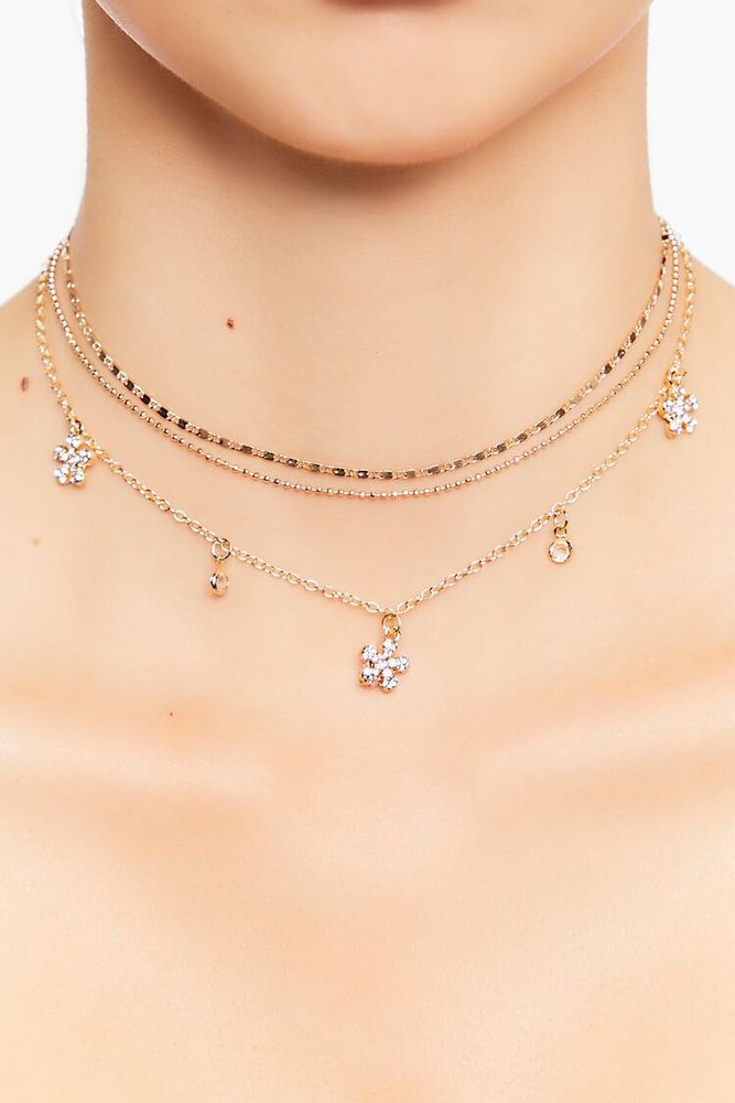 Forever 21 Women s Floral Rhinestone Necklace Set in Gold Clear