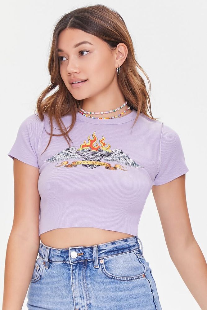 Forever 21 Women s Drive Me Mad Graphic Cropped T Shirt in Purple