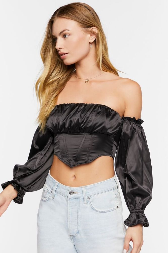 Forever 21 Women s Satin Off the Shoulder Crop Top in Black Large