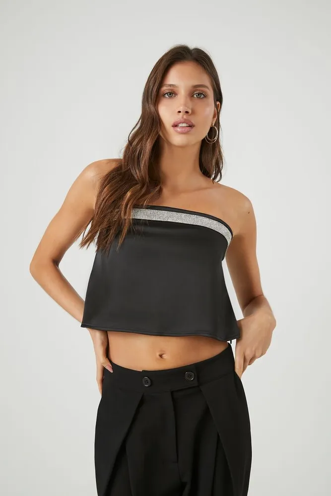 Forever 21 Women s Rhinestone Strapless Crop Top in Black Medium