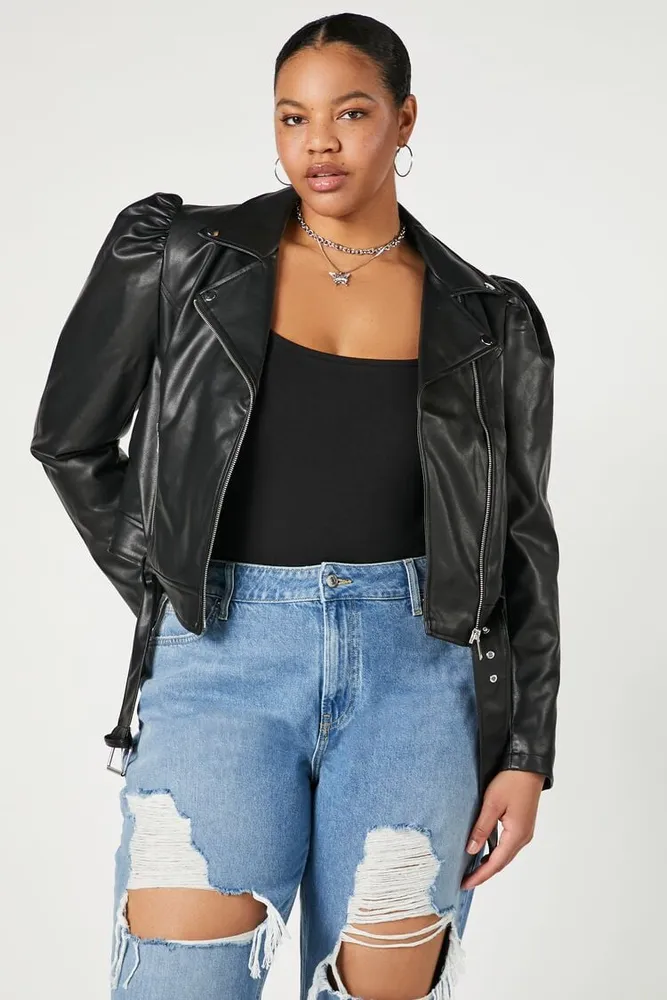 Black leather jacket hot sale with puff sleeves