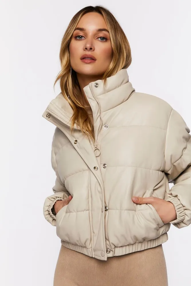 Forever 21 Women s Faux Leather Puffer Jacket in Beige Medium