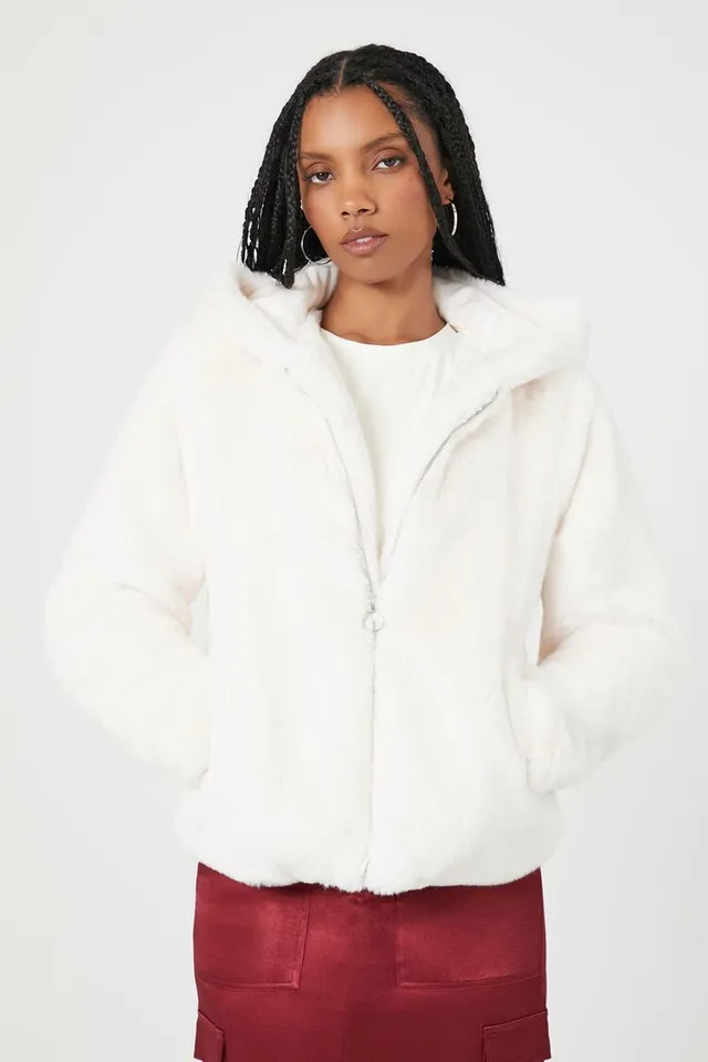 Forever 21 Women's Plush Faux Fur Zip-Up Hoodie White | MainPlace Mall
